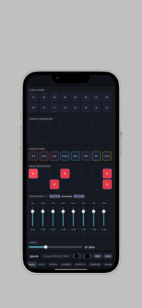 zpunk - Interfaz de groovebox móvil zpunk mostrando el secuenciador de batería, mezclador y cortador de samples