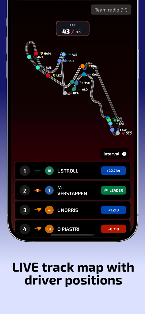 Pit Stop app interface showing a live Formula 1 track map with real-time driver positions and a race leaderboard in dark mode