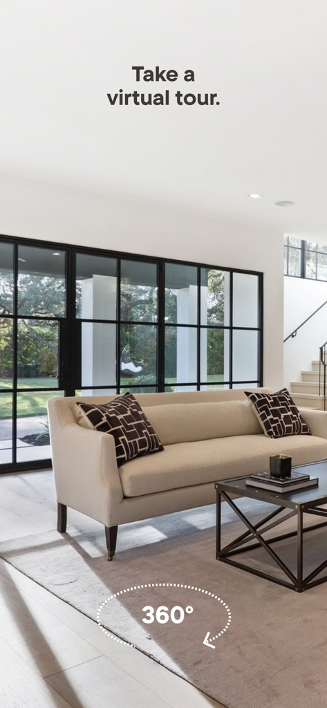 Redfin app feature for 360 degree virtual home tours showing a modern living room