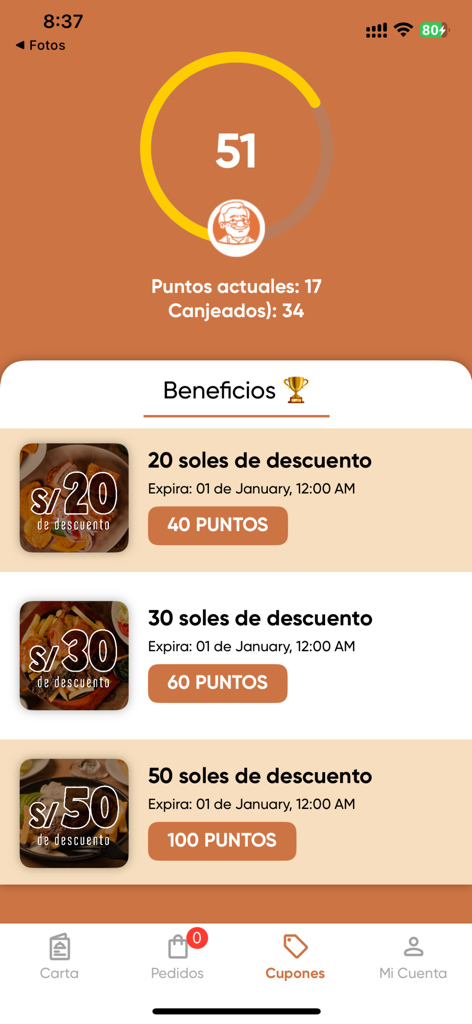 Donde Walter - Donde Walter app screen showing loyalty points balance and discount coupons for food orders.
