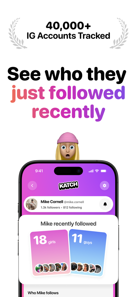 Interface of the Katch app showing a summary of recently followed Instagram accounts categorized by gender