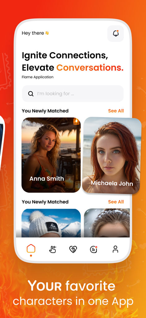 Flame AI: Fantasy Chat - Flame AI Fantasy Chat app interface showing newly matched AI character profiles