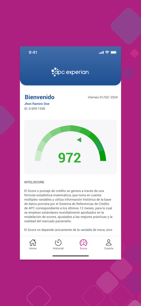 APC Experian mobile app showing a credit score of 972 and inteliScore details