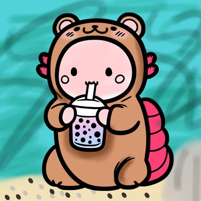 cute axolotl in the bear onesie drinking boba