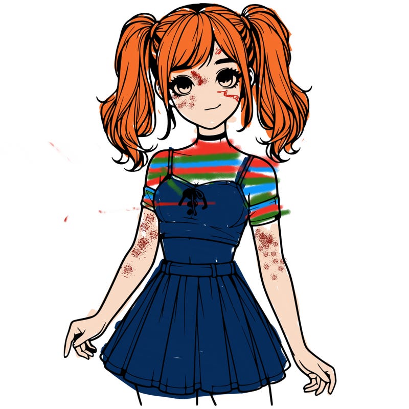 realistic girl in a skirt crop top and pigtails