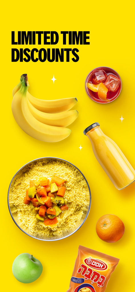 A bright yellow app screen for Yango Deli showcasing various food items like bananas, an apple, and a meal with the text Limited Time Discounts.