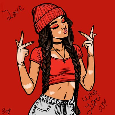 realistic teenage girl with braids and a beanie and crop top doing 🫶🏼