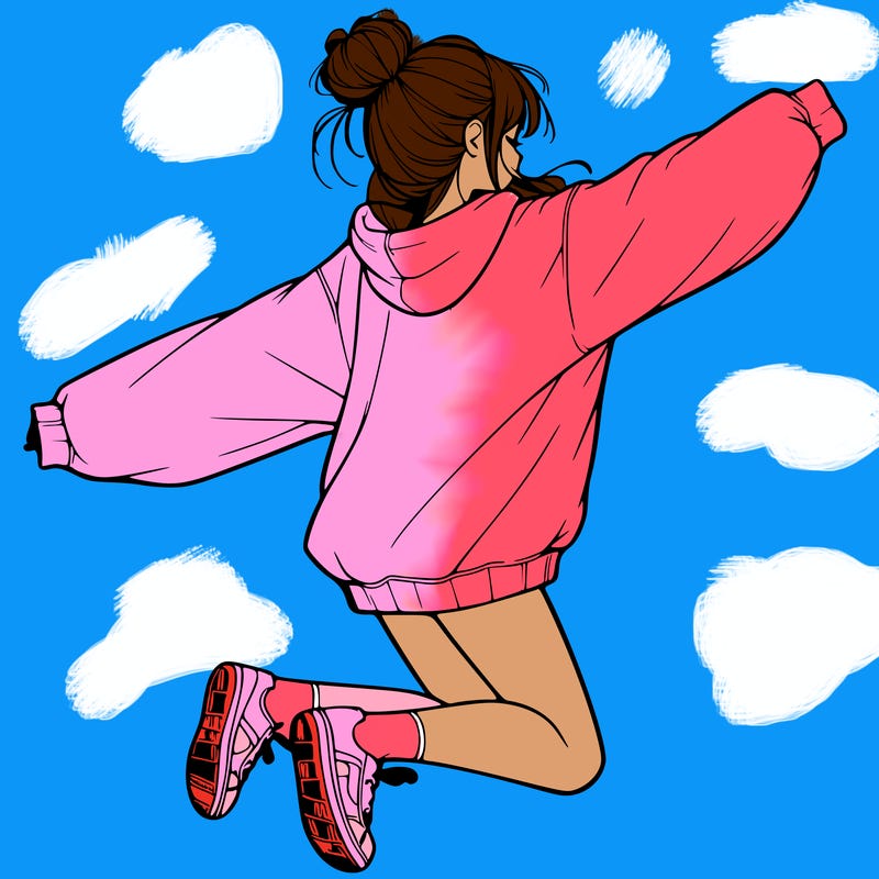 realistic girl jumping with a bun and oversized sweatshirt