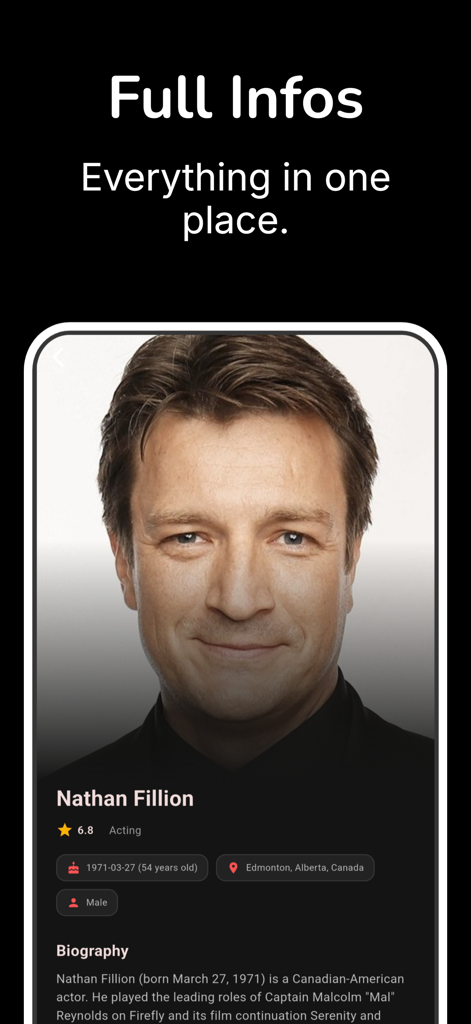 Cinefy - Where to Watch - Tela do aplicativo Cinefy mostrando informações completas do ator e biografia de Nathan Fillion.