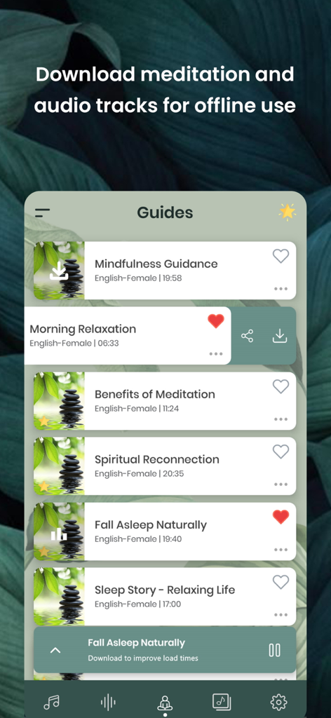 Meditation Music: Sleep Sounds - List of guided meditation tracks in the Meditation Music app for offline use
