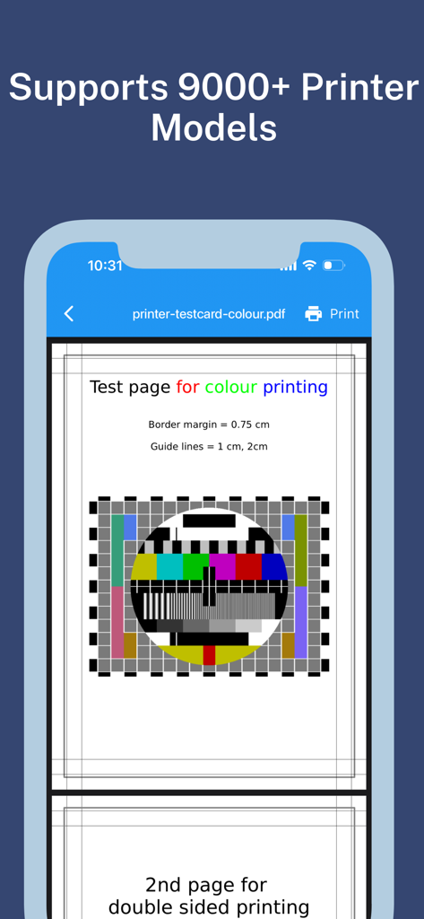 カラーテストページのプレビューとプリンターの互換性情報が表示されているモバイルアプリ画面