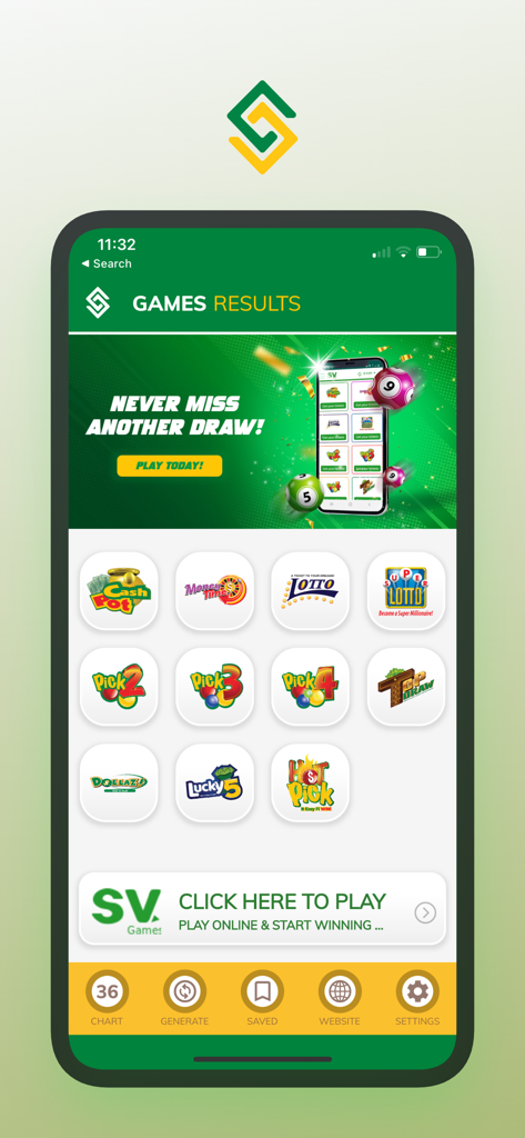 Tela inicial do aplicativo Supreme Ventures mostrando vários ícones de jogos de loteria jamaicana como CashPot e Lotto com navegação de resultados de sorteio