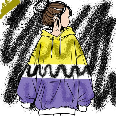 realistic girl with a oversized sweatshirt on and a bun