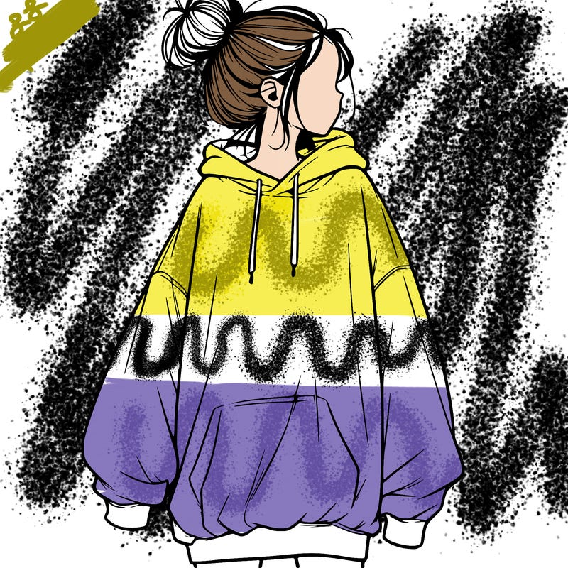 realistic girl with a oversized sweatshirt on and a bun