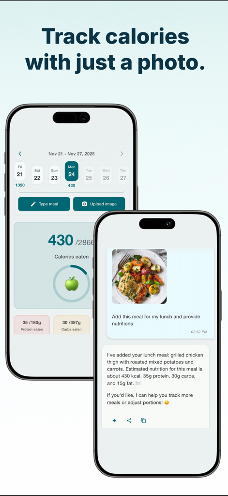 AI calorie tracker interface in the Memozy app showing nutrition estimation from a meal photo