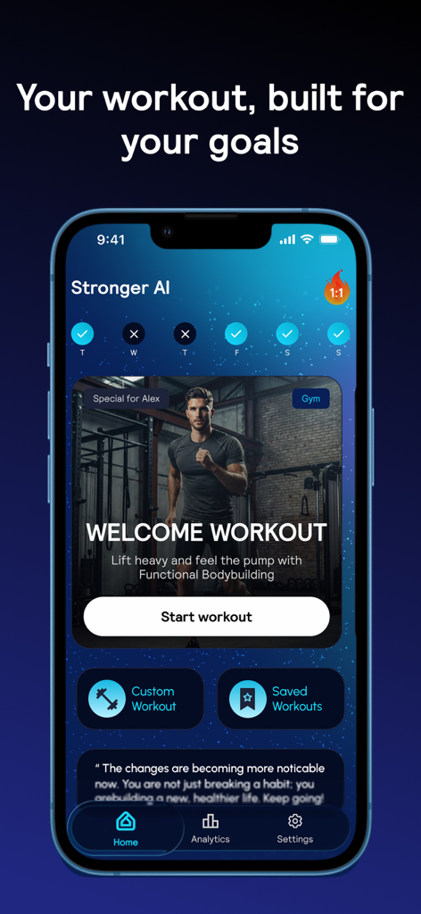 Stronger AI: Gym Planner - Pantalla de inicio de la aplicación Stronger AI que muestra una rutina de ejercicios de bienvenida personalizada y un rastreador de actividad semanal