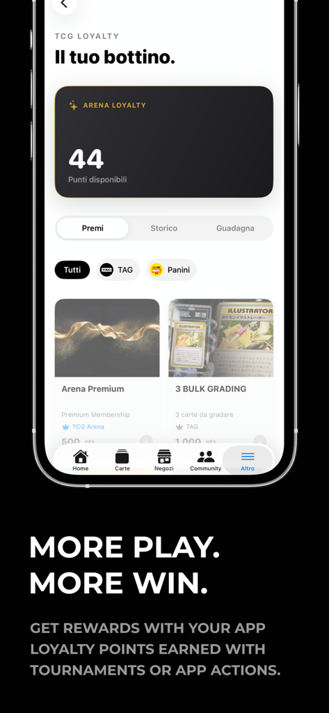 A mobile app screen showing loyalty points and available rewards for the TCG Arena trading card community