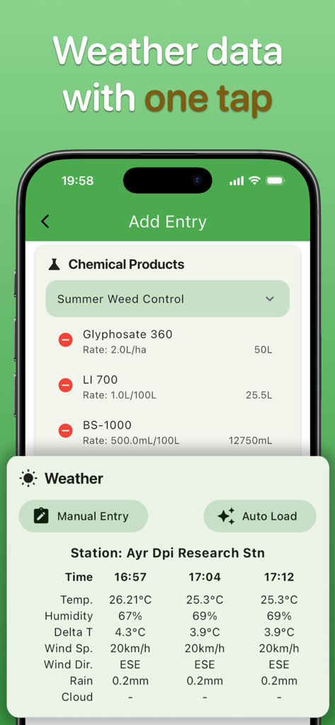 Spraybook mobile app showing automatic weather data integration for chemical spray records