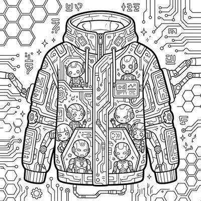 Step into a futuristic fashion statement with this unique coloring page featuring highly detailed robot and cyborg designs adorning a stylish piece of outerwear. Unleash your creativity by bringing these intricate mechanical friends and their circuit-filled world to life with your favorite colors.