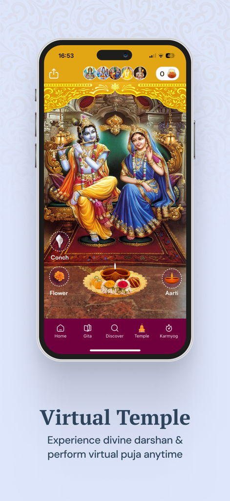 Bhagavad Gita - Krishna Bhakti - Screenshot of the Bhagavad Gita app showing the Virtual Temple feature with Radha Krishna deities