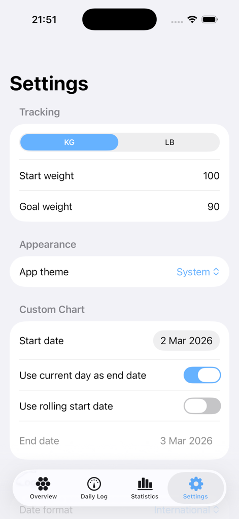 Settings screen of the OpenScale app showing weight tracking units and chart preferences