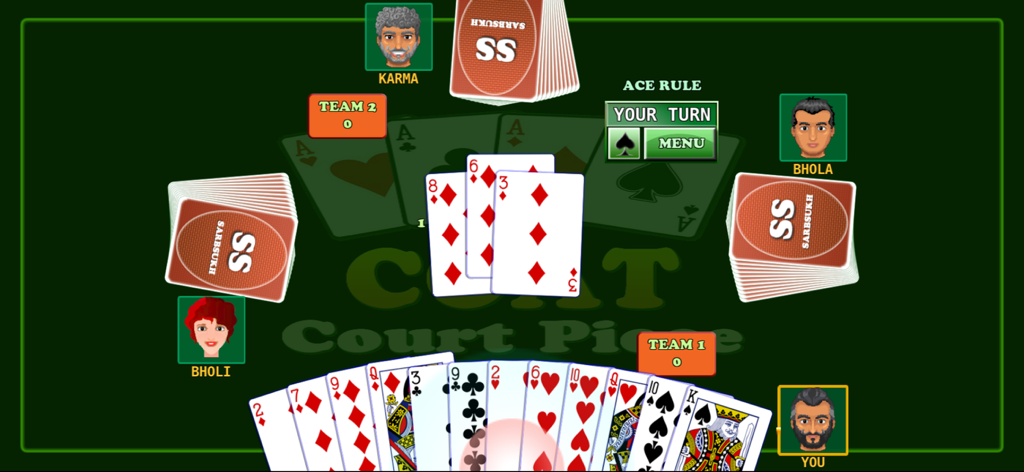 Card Game Coat : Court Piece - Gameplay of Court Piece card game with Ace Rule variation and four player avatars