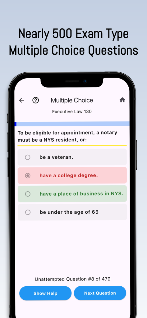 NY Notary Public Study App - A mobile app screen showing a multiple choice practice question for the New York Notary Public exam about residency requirements.