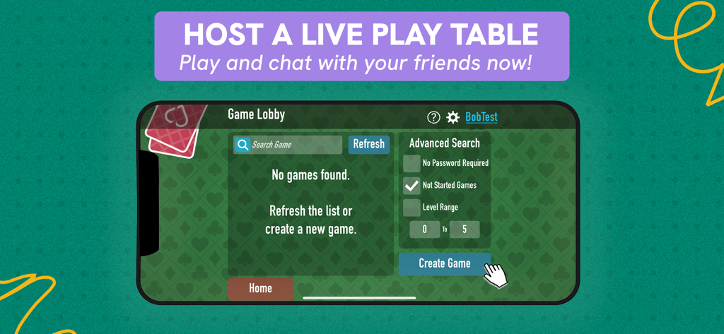 Game lobby screen in Canasta Junction for hosting a live play table and finding games with friends.