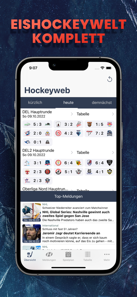 Hockeyweb App-Oberfläche mit Live-Ergebnissen der DEL und DEL2 sowie internationalen Eishockey-Nachrichten