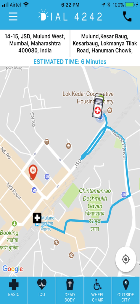 DIAL4242 - Screenshot of the Dial4242 mobile app map displaying real-time ambulance tracking with an estimated arrival time
