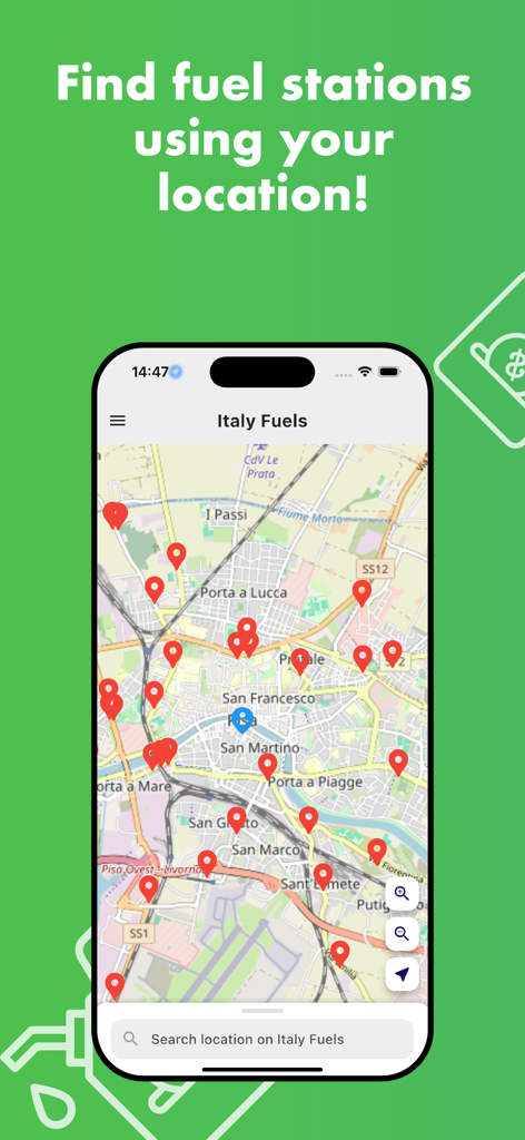 Italy Fuels - Map view showing nearby gas stations in the Italy Fuels app