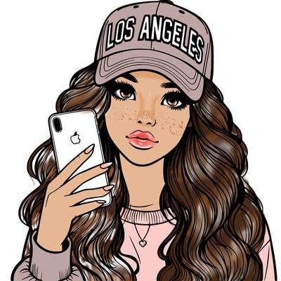 realistic beautiful girl wearing los ángeles cap holding an iphone