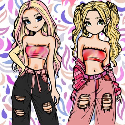 2 girls in crop tops and baggy jeans ripped