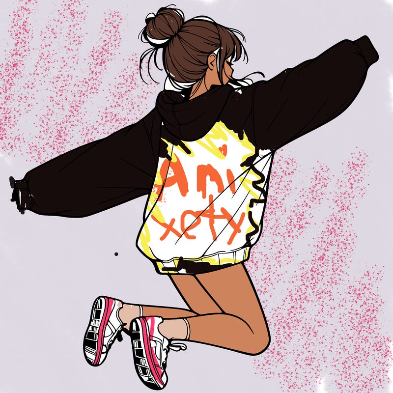 realistic girl jumping with a bun and oversized sweatshirt