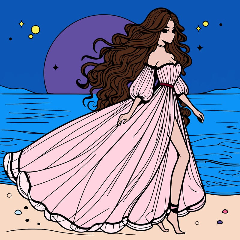 beautiful woman with a vaporous long dress walking on the beach at the noon, detailed art