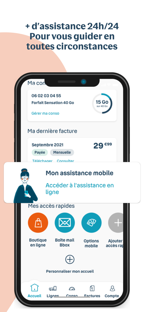 Bouygues Telecom - Dashboard der Bouygues Telecom-App mit Anzeige des Datenverbrauchskonsums und der aktuellen Rechnungsdaten