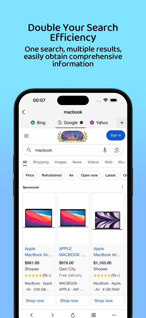 Interface do aplicativo móvel Pesquisar Tudo mostrando uma pesquisa por macbook com abas para alternar entre os resultados de busca do Google, Bing e Yahoo