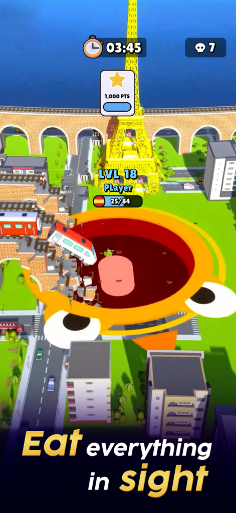 Hole.io gameplay showing a large character swallowing city buildings and a train near the Eiffel Tower.