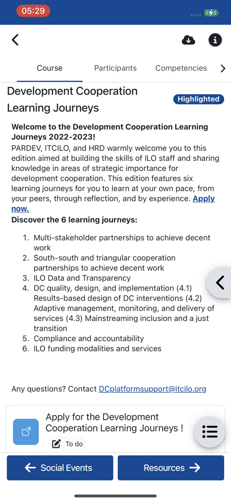 ITCILO eCampus - Schermata di panoramica del corso per Percorsi di apprendimento per la cooperazione allo sviluppo sull'app ITCILO eCampus