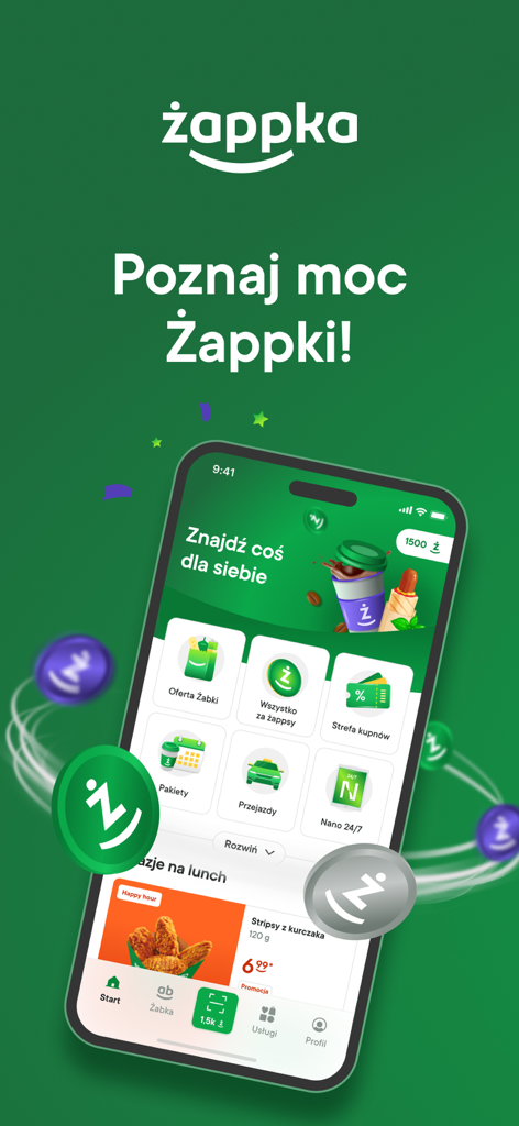 żappka: zakupy, promocje Żabka - żappka 앱의 모바일 화면으로 로열티 포인트 쿠폰 및 자동 쇼핑 기능 표시