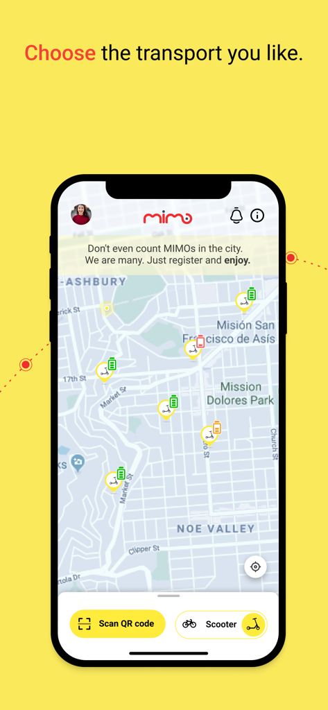 La aplicación Mimo muestra un mapa con patinetes disponibles y niveles de batería en San Francisco