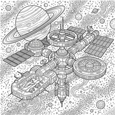 Embark on an epic space odyssey with this highly detailed Planetary Orbital Station coloring page. Discover an intricate space station orbiting distant worlds, set against a backdrop of swirling galaxies and celestial bodies, ready for your creative touch.