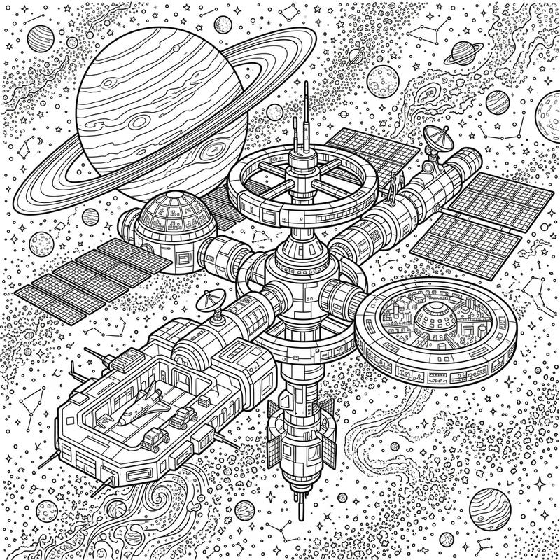 Embark on an epic space odyssey with this highly detailed Planetary Orbital Station coloring page. Discover an intricate space station orbiting distant worlds, set against a backdrop of swirling galaxies and celestial bodies, ready for your creative touch.