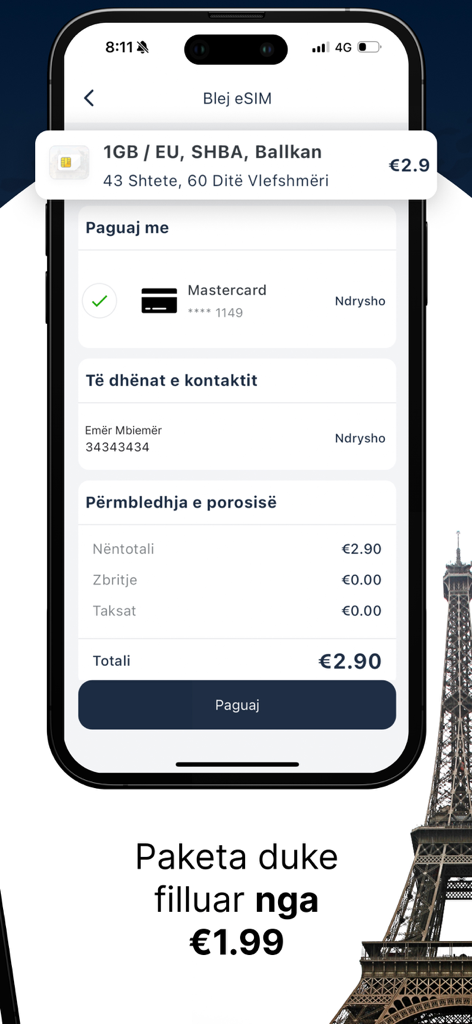 Una schermata di checkout mobile per un piano dati eSIM di viaggio nell'app SuperSim che mostra un riepilogo del pagamento di 2,90 euro