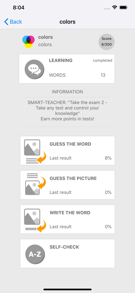 Oberfläche einer Englischlern-App, die das Vokabelmodul für Farben mit verschiedenen Test- und Lernoptionen anzeigt.