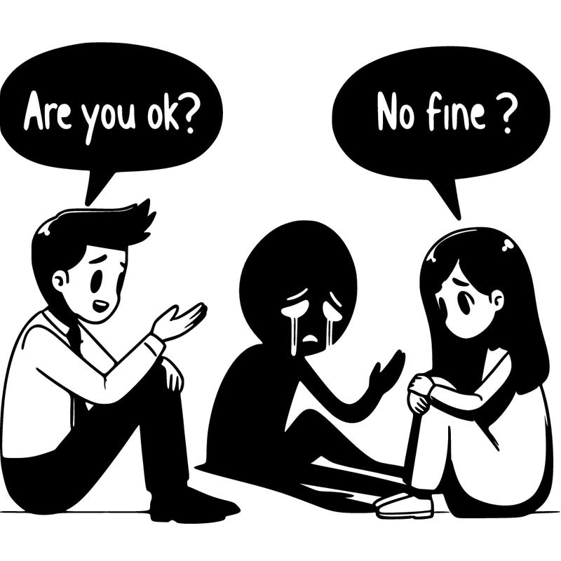 2 people talking 1 asks are you ok the other says im fine while having a shadow crying