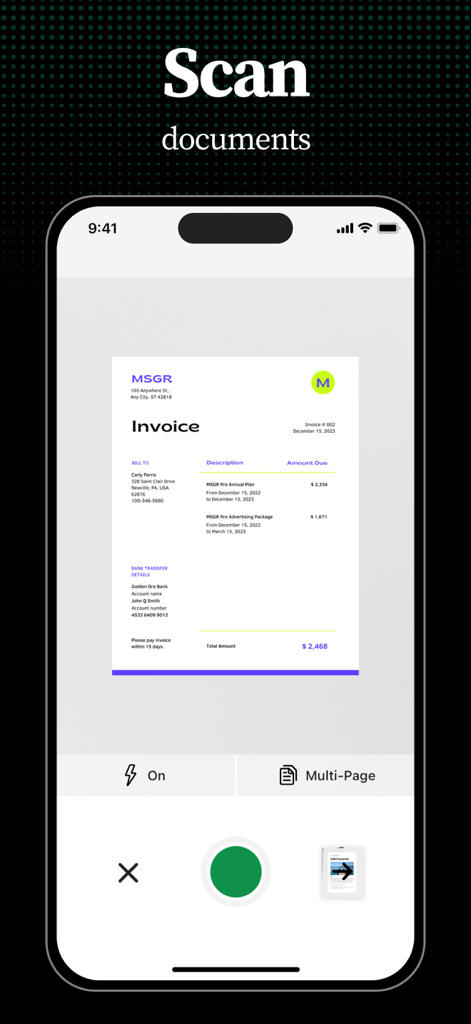Tiny Fax: Send Fax From iPhone - iPhone interface of Tiny Fax app showing the document scanning feature with a business invoice