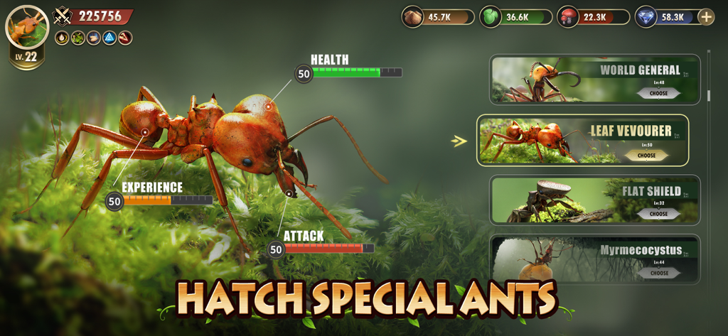 The Ants: Underground Kingdom - 「The Ants Underground Kingdom」のインターフェース画面。HP、経験値、攻撃力の特殊アリのステータスと、選択メニューが表示されている。