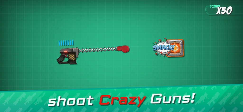 Shoot the Box: Gun Game - Shoot the Box에서 50배 콤보 카운터로 목표 상자를 맞추는 복싱 글러브 총의 게임 플레이 스크린샷