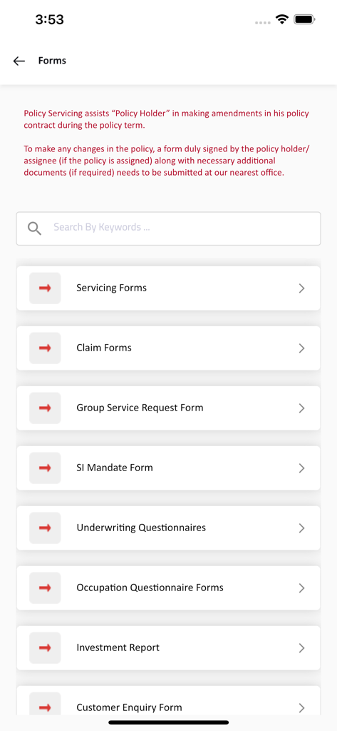 Canara HSBC Life - List of insurance forms in the Canara HSBC Life mobile app interface
